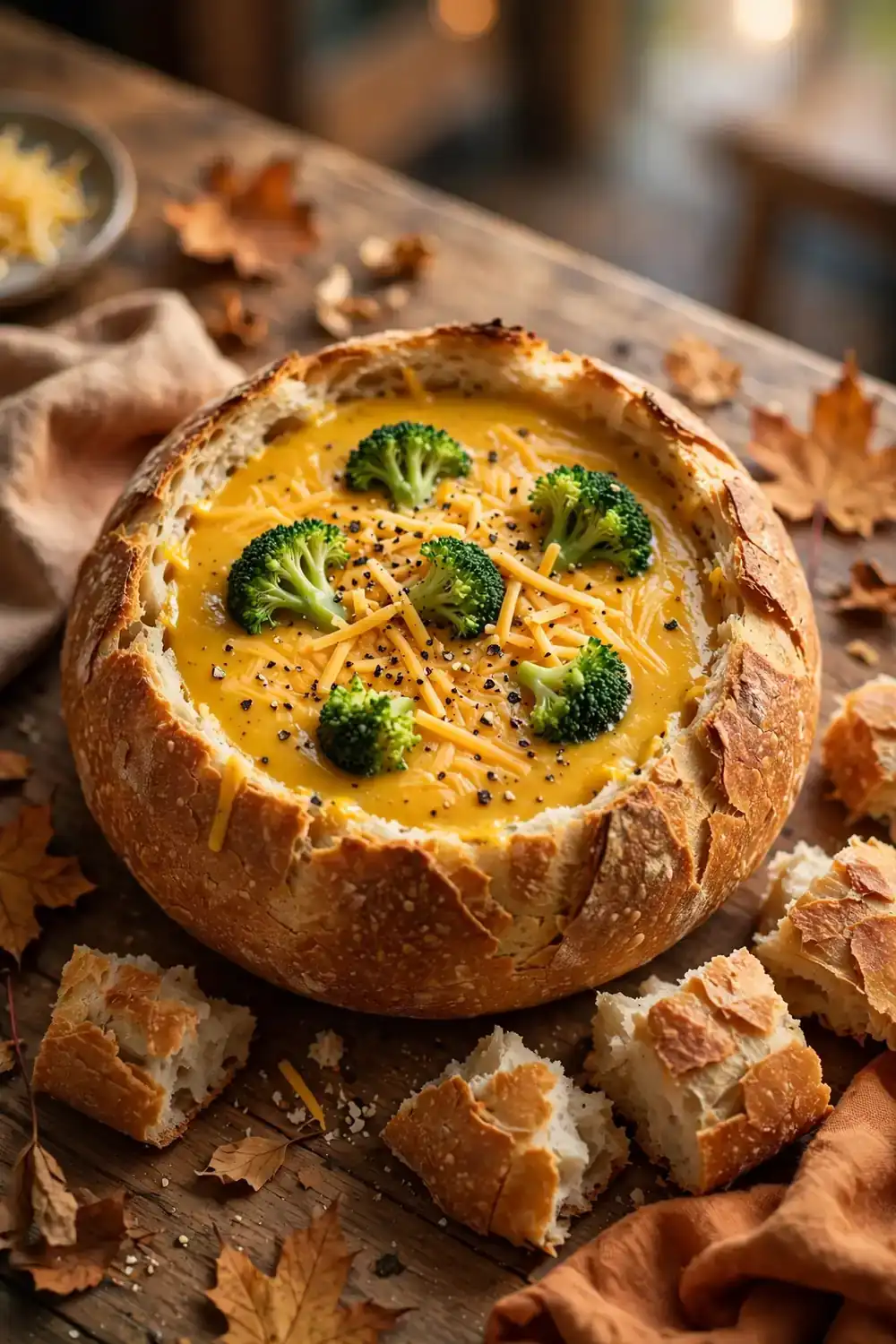 Broccoli cheddar soup in a bread bowl with cheese topping