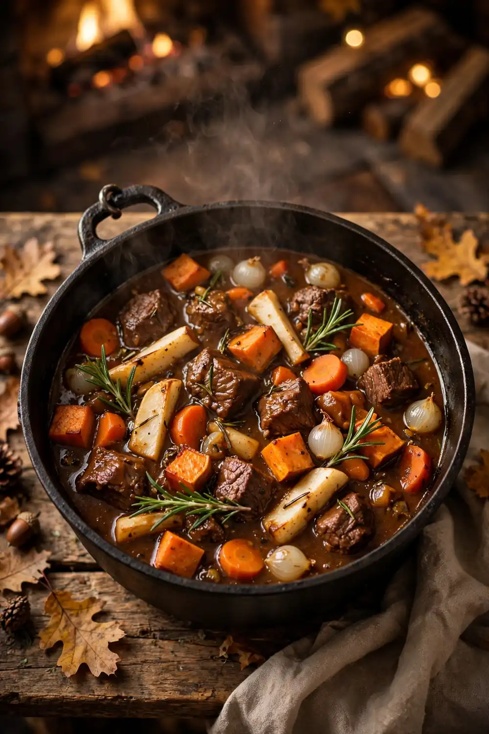 Harvest beef stew with sweet potato parsnips carrots and rosemary