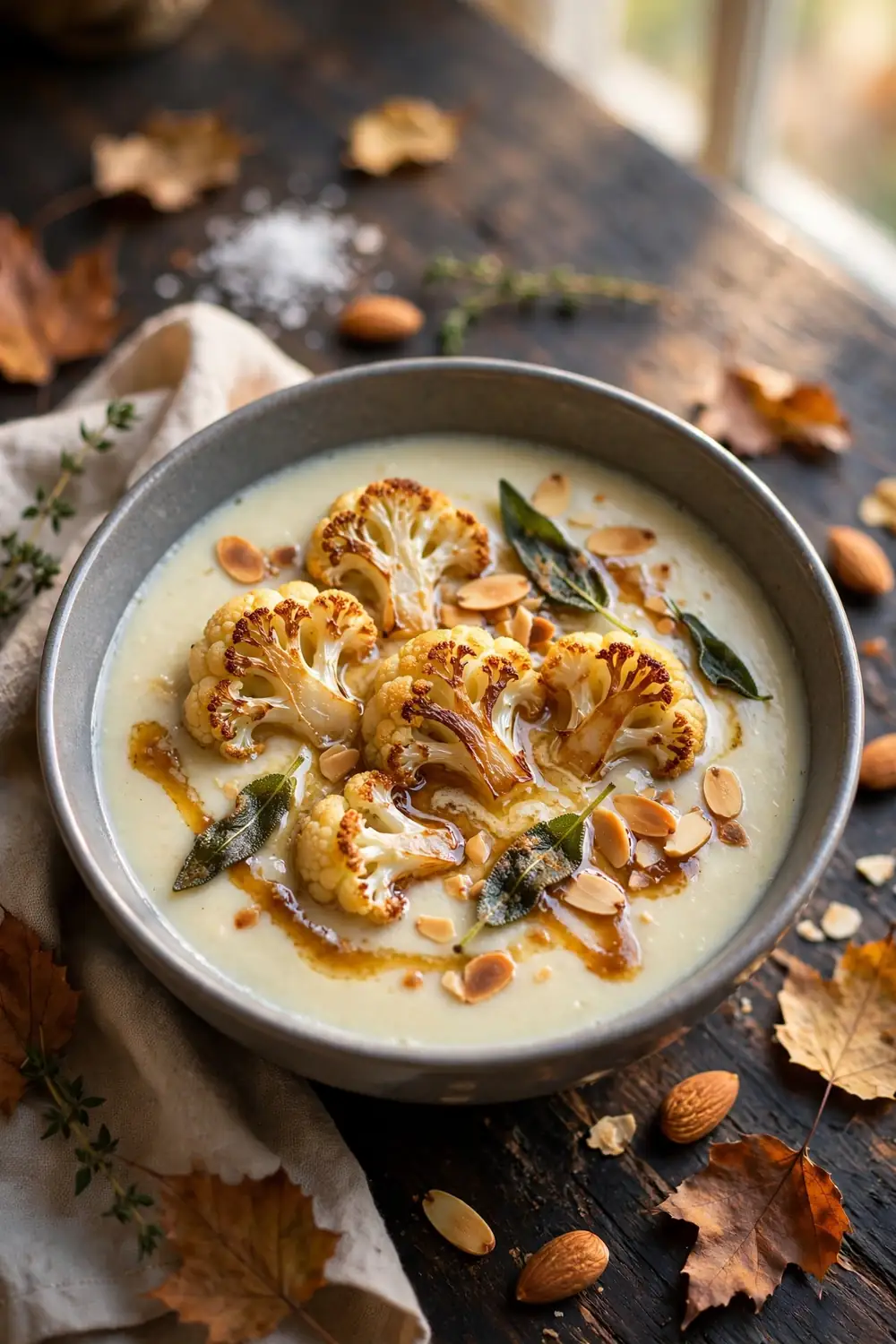 Roasted cauliflower soup with brown butter sage and almonds