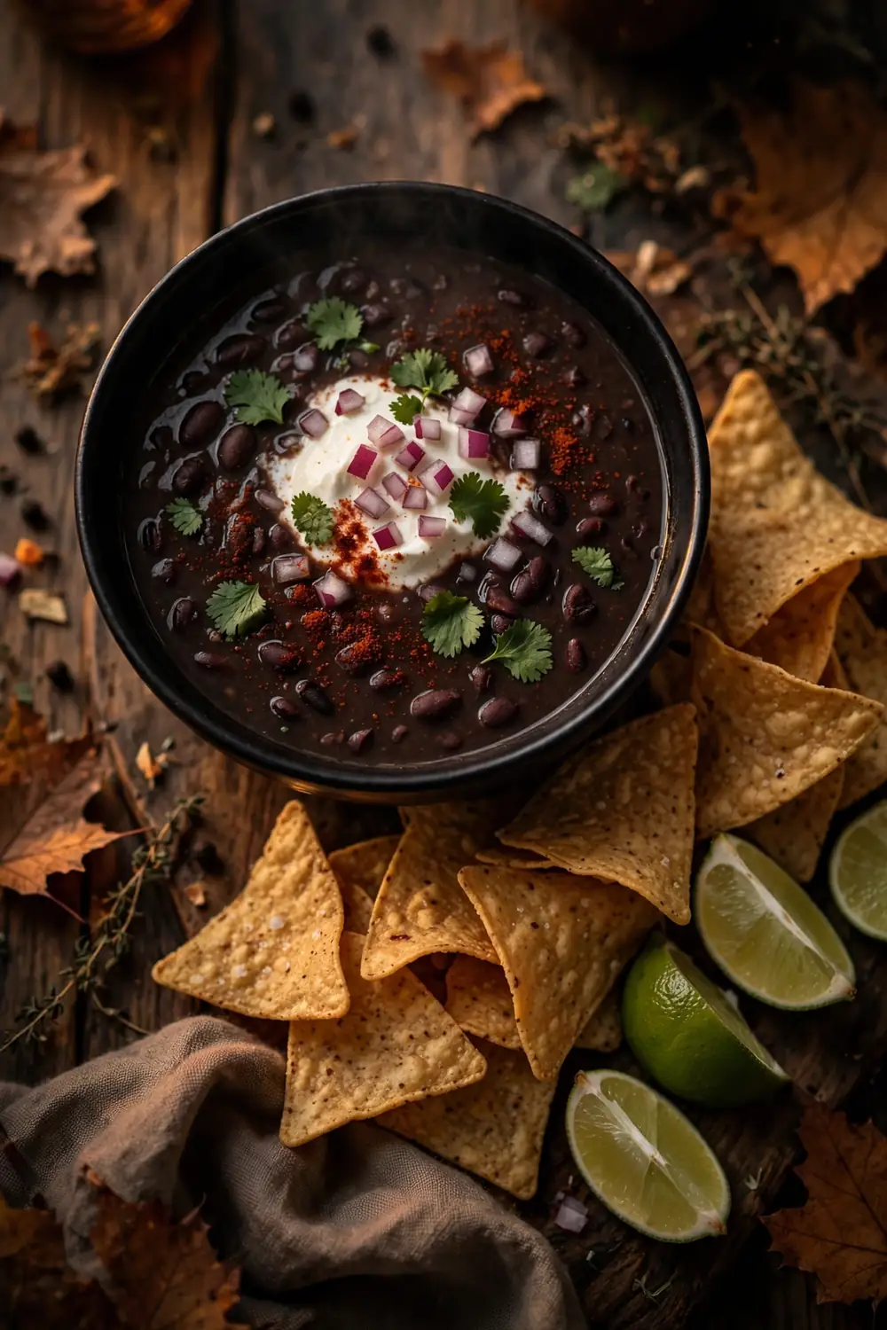 Smoky black bean soup with sour cream onion cilantro and lime