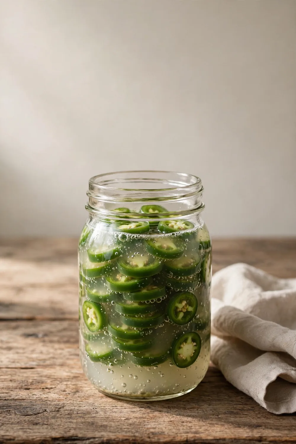 Glass jar of brined jalapeno slices in cloudy brine