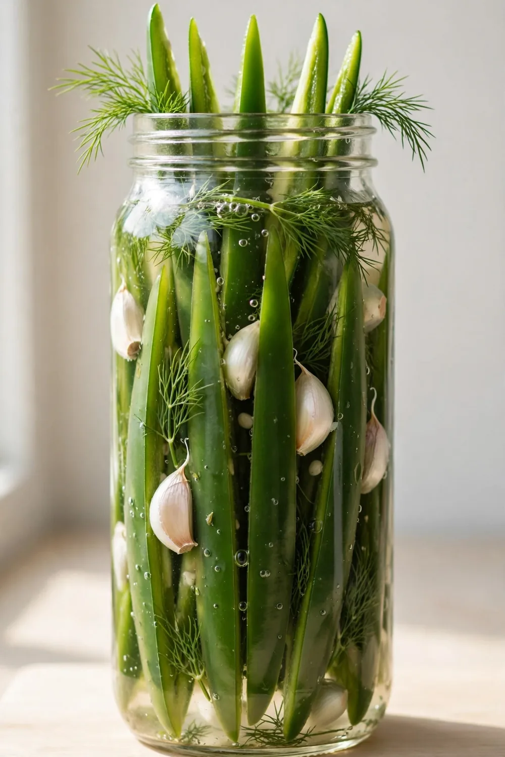 Garlic dill jalapeno spears in a glass jar