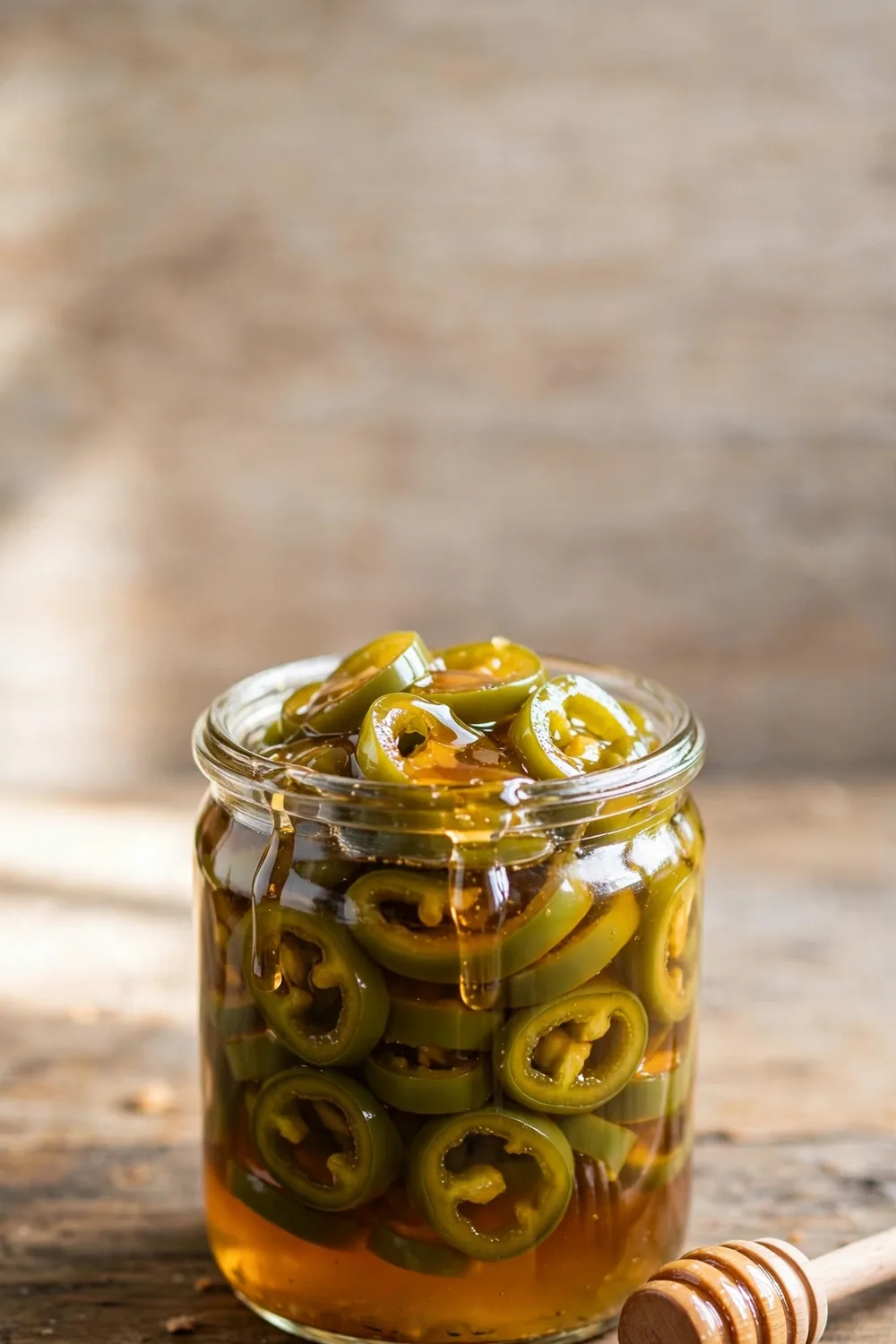 Honey glazed jalapeno rings in a glass jar