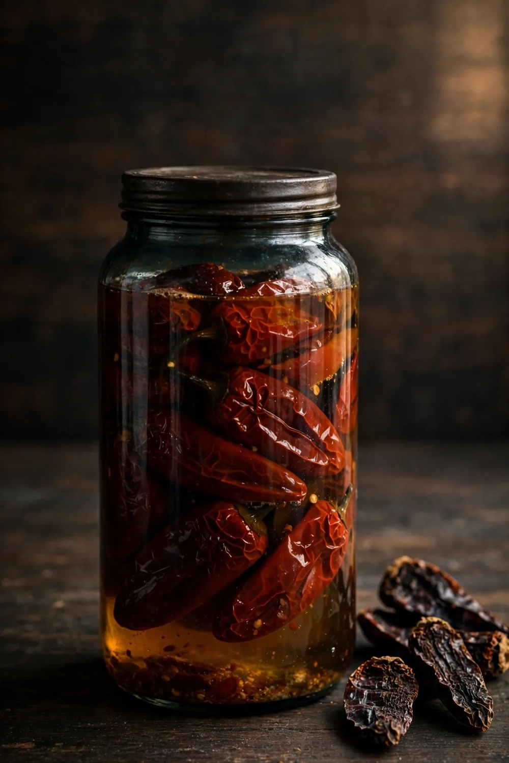 Smoky chipotle jalapeno peppers in a dark jar
