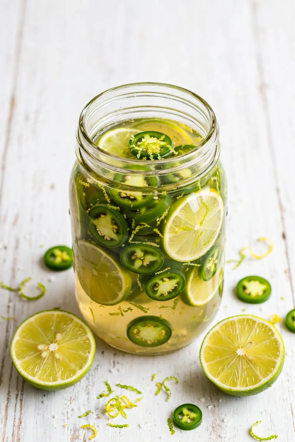 Jalapeno coins with lime wheels in brine