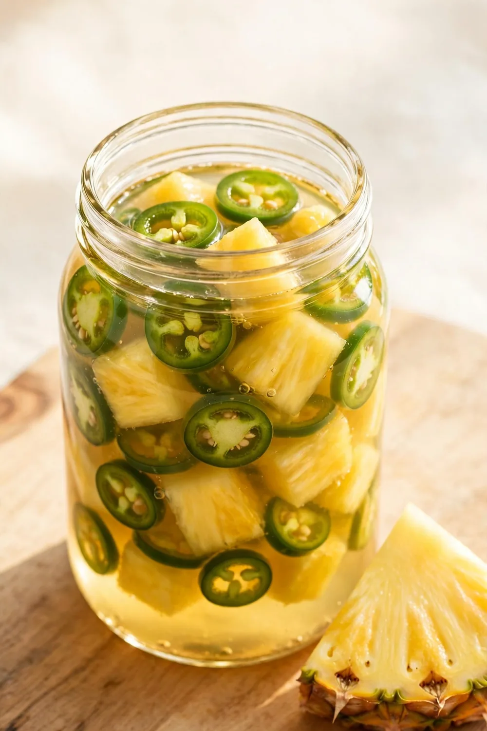 Pineapple chunks with jalapeno rings in a jar