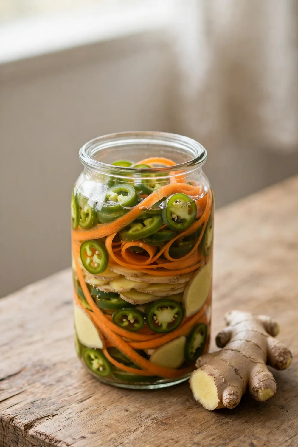 Carrot ribbons with jalapeno slices and ginger