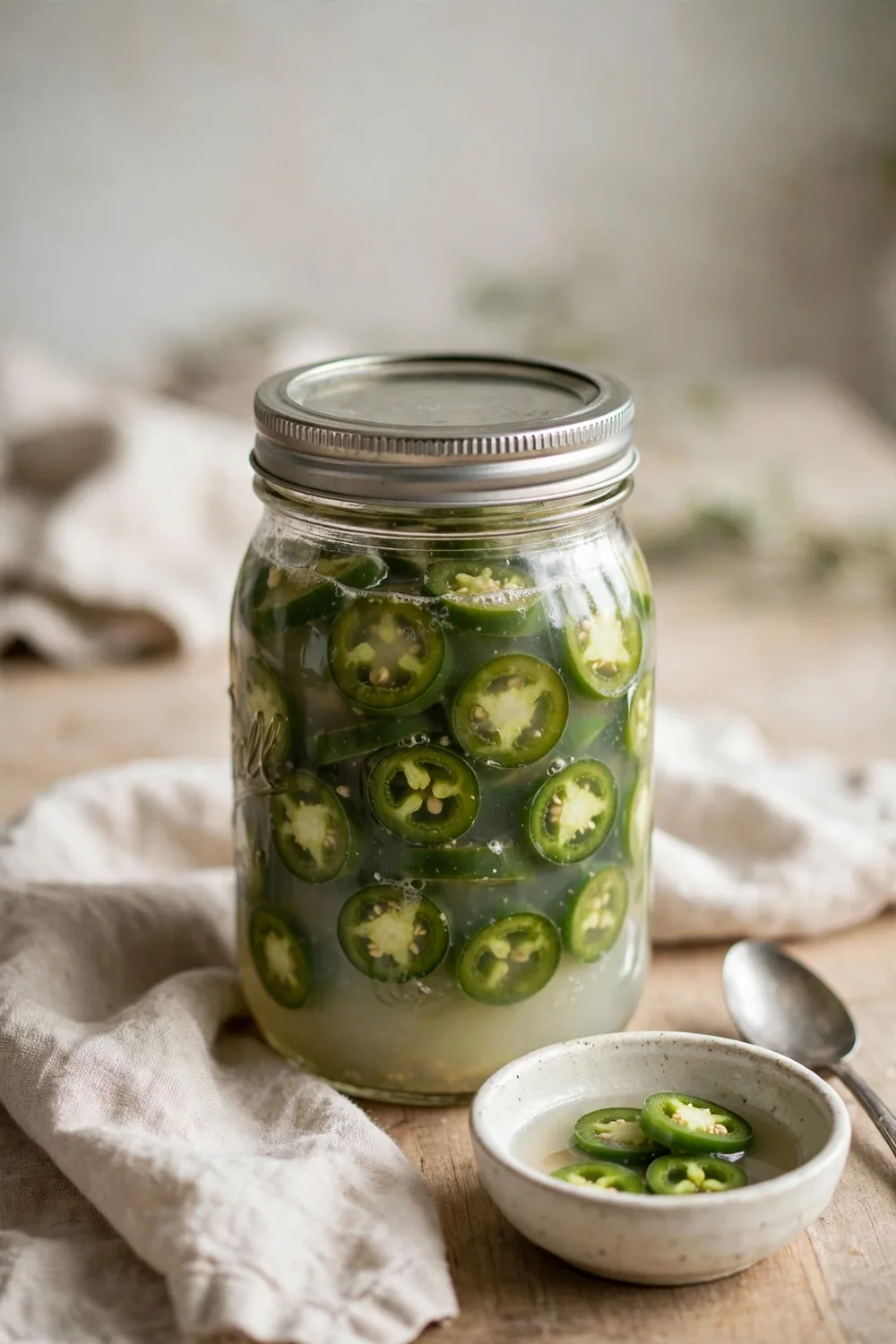 Everyday jar of brined jalapeno coins on a table