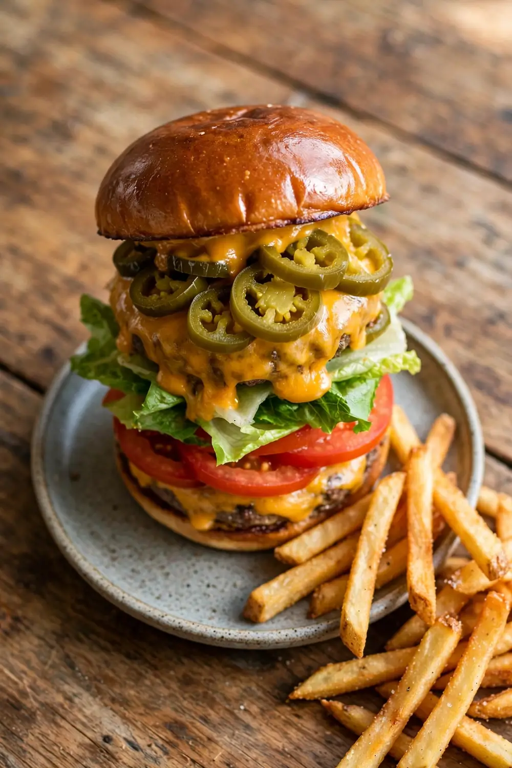Burger stacked with jalapeno rings and cheese
