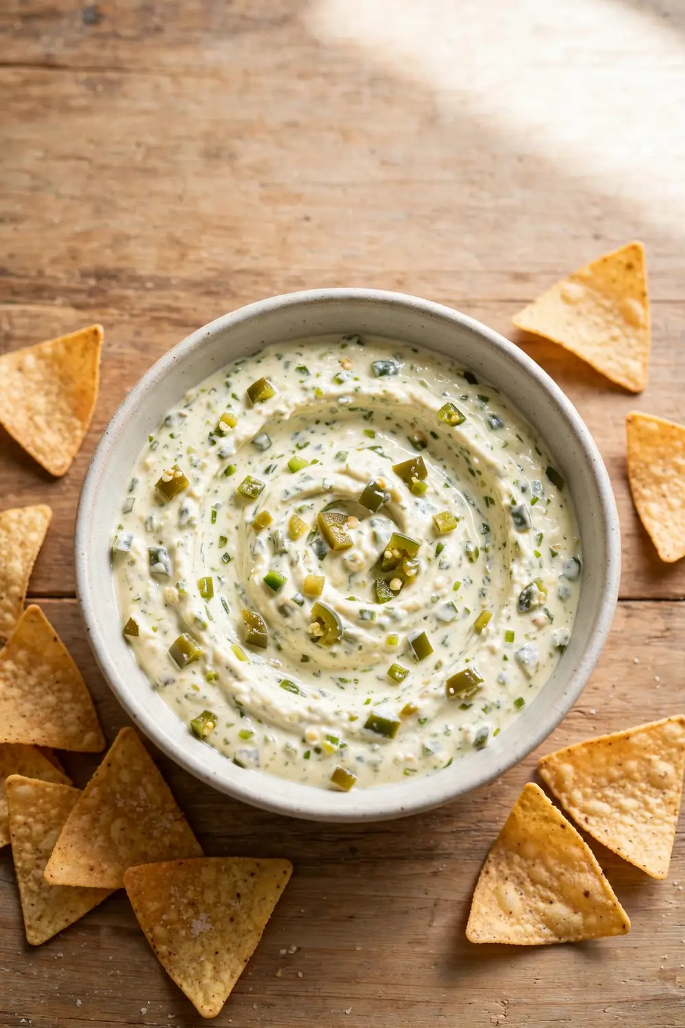 Creamy dip stirred with chopped jalapeno peppers