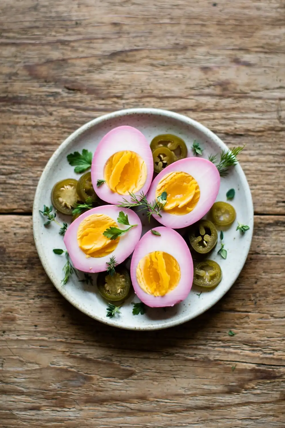 Pickled eggs served with jalapeno coins