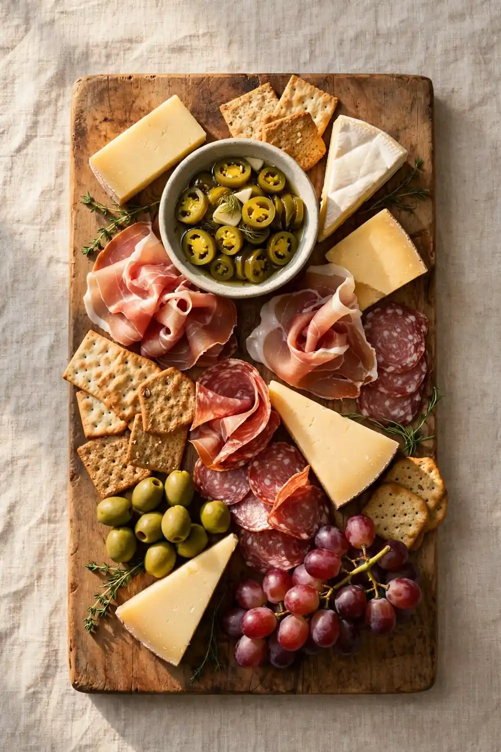 Charcuterie board with a bowl of jalapeno coins