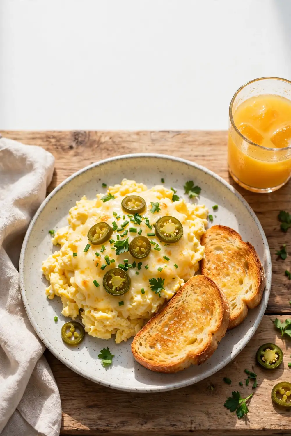 Scrambled eggs topped with jalapeno coins