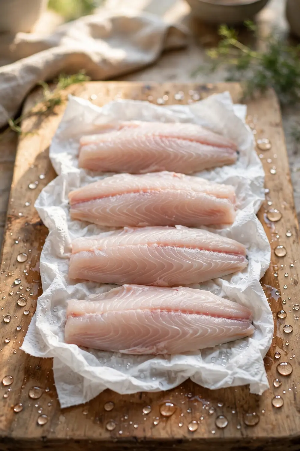 Raw fish fillets patted dry with paper towels on a wooden board