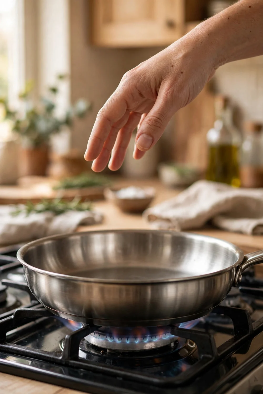 Empty stainless steel pan heating on a stove burner with a hand testing the heat