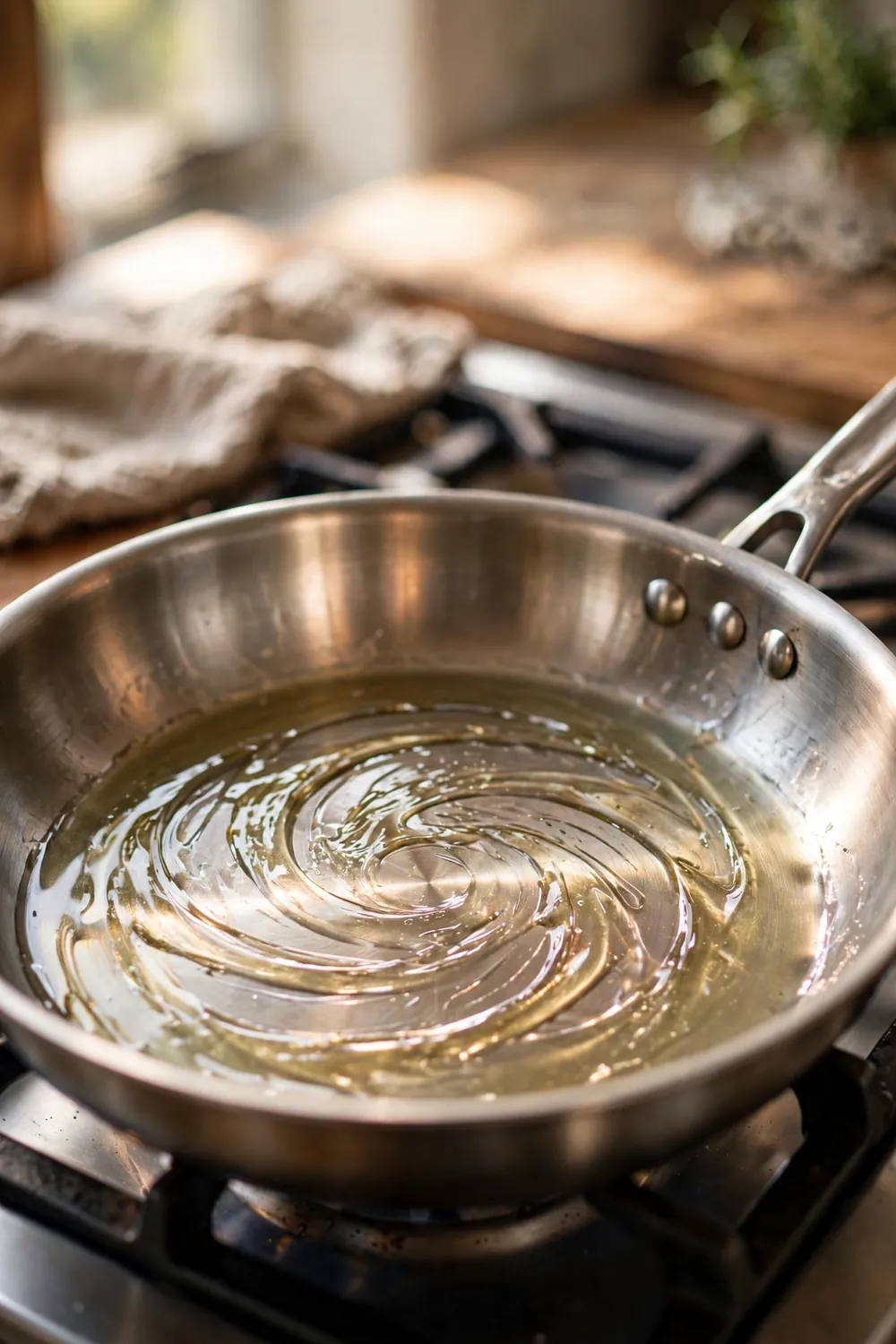 Stainless steel pan coated with a thin layer of shimmering oil