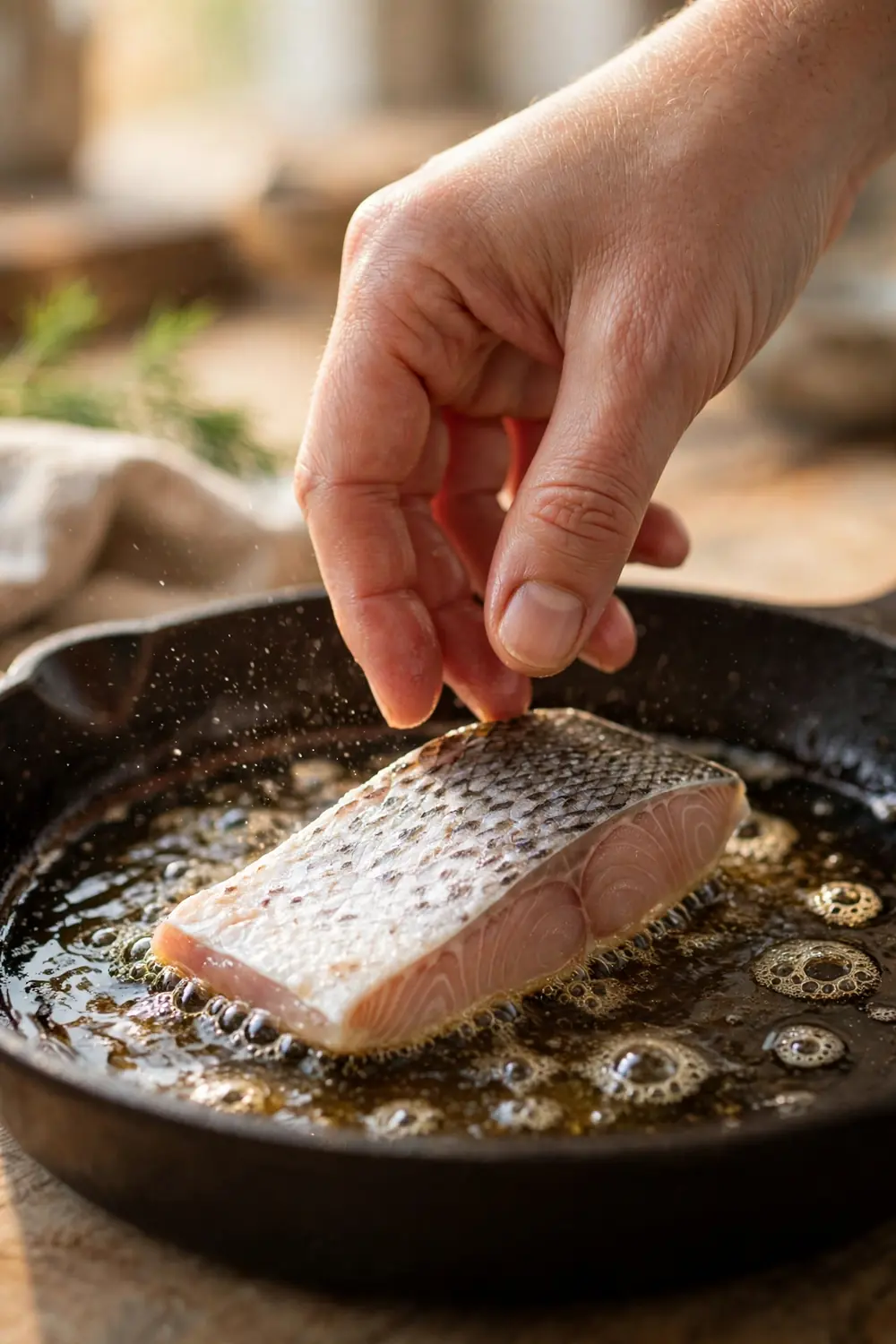 Hand laying a fish fillet skin side down into a hot oiled pan