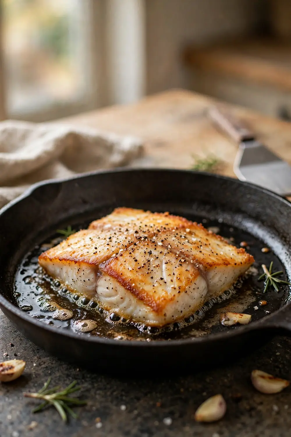 Fish fillet searing undisturbed in a pan with golden crust forming