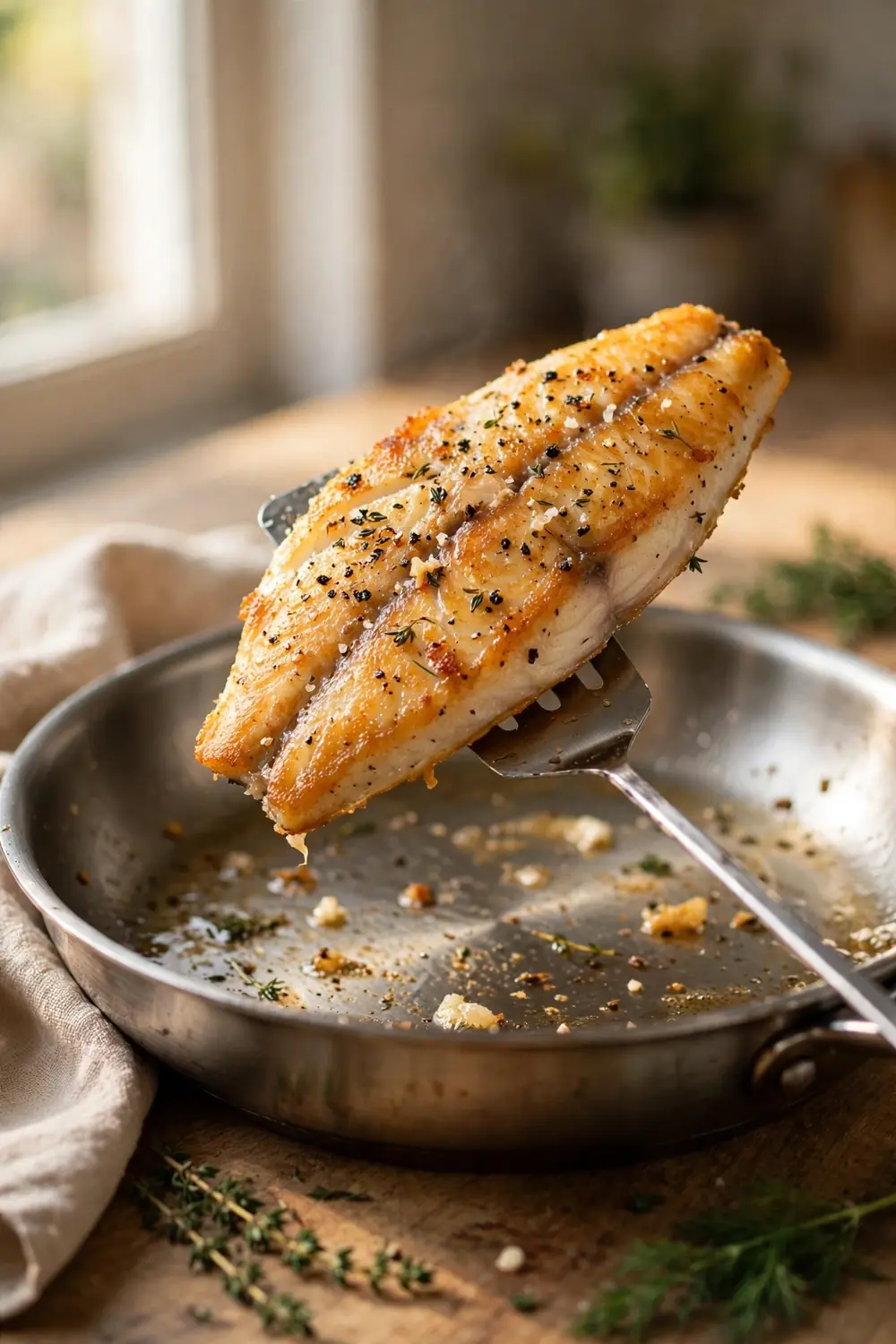 Thin metal spatula sliding under a golden seared fish fillet