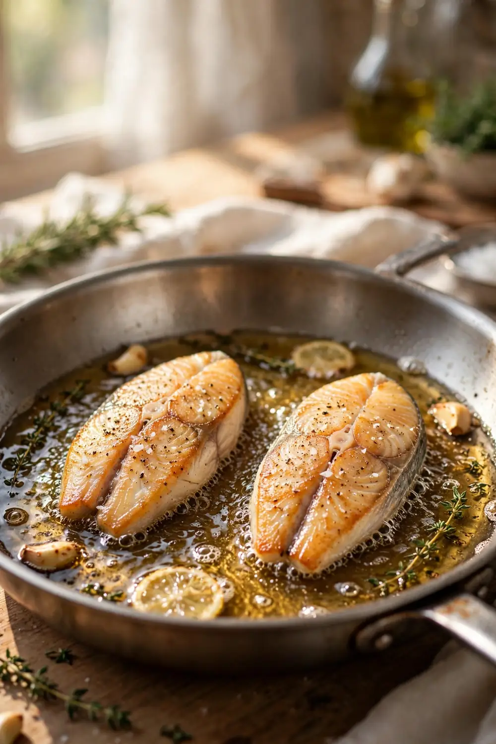 Two fish fillets frying in a wide pan with space between them