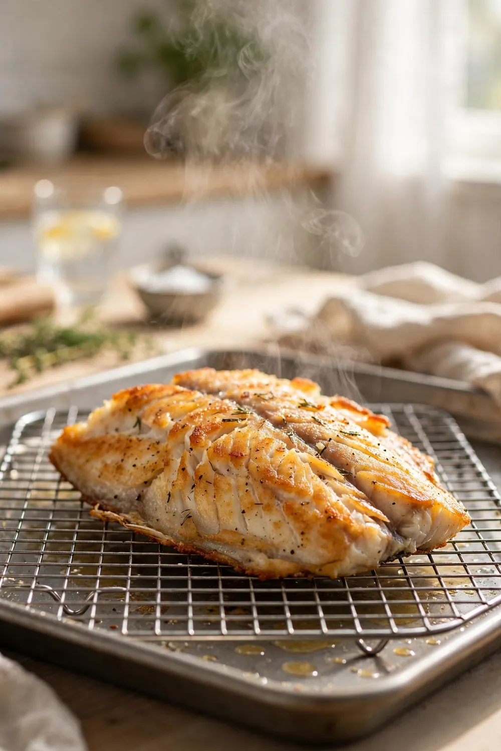 Cooked fish fillet resting on a wire rack over a tray