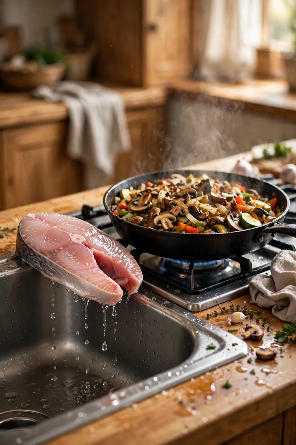 Wet fish fillet dripping over a sink beside a crowded pan