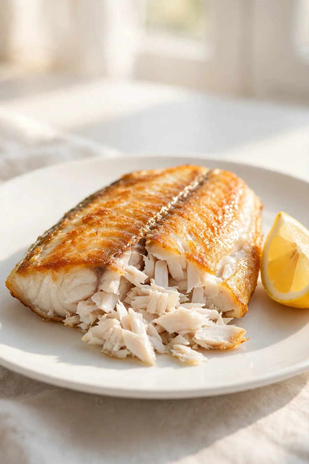 Perfectly cooked fish fillet with crisp golden skin on a plate