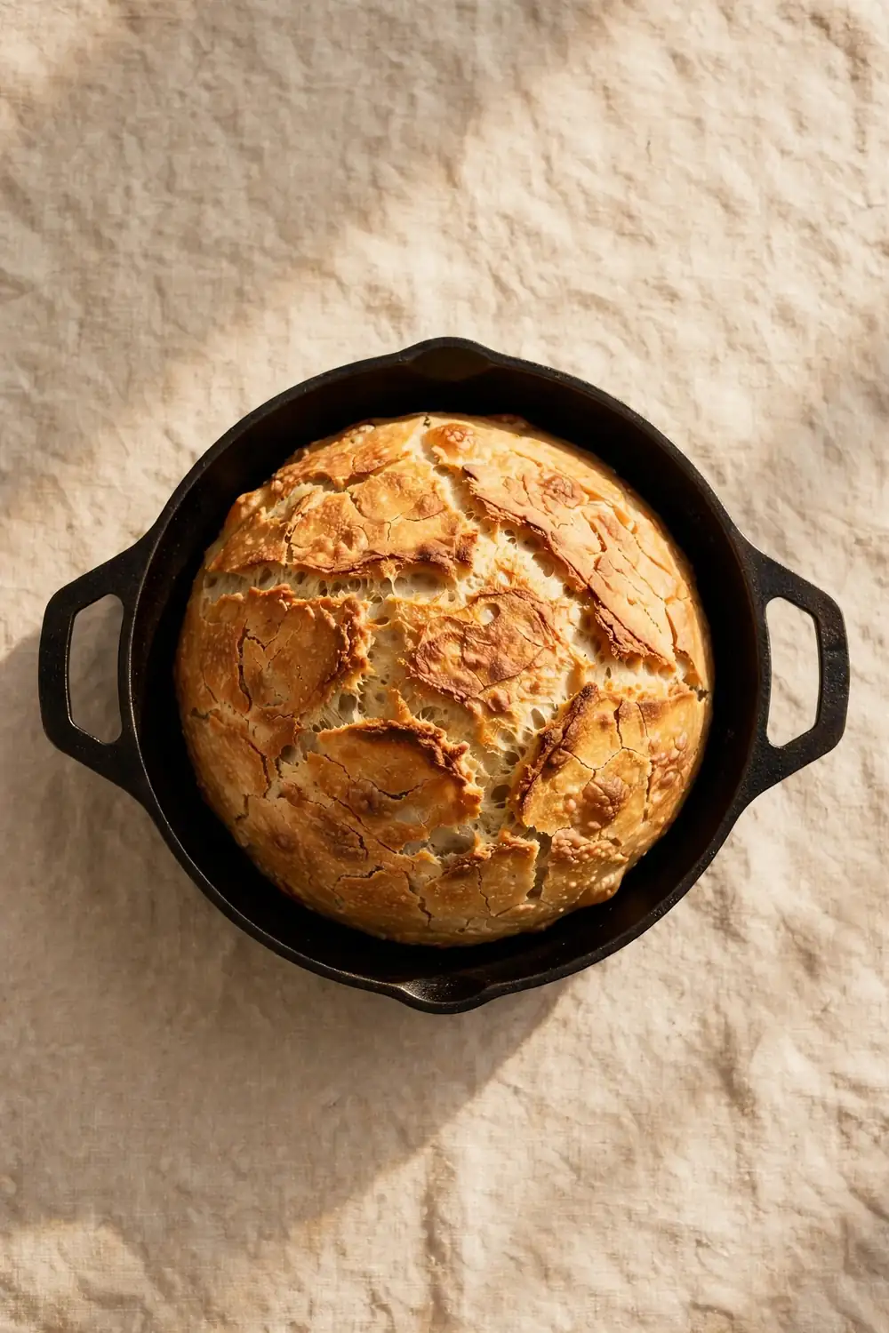 No knead skillet bread with crackling crust, rustic soup breads