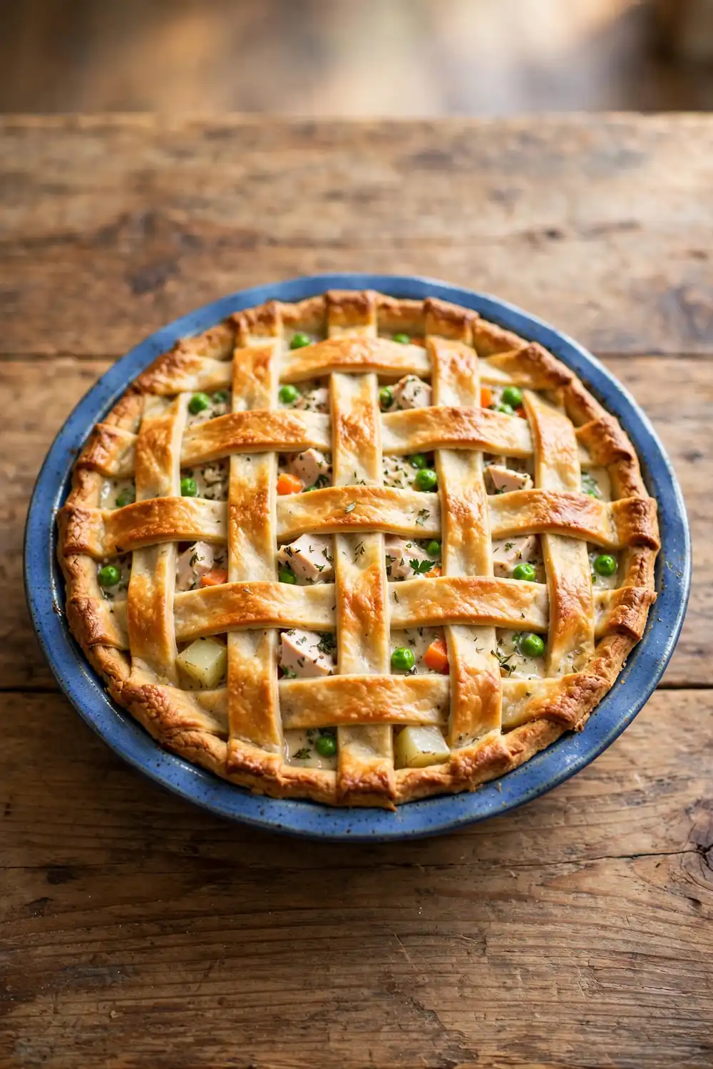 Turkey pot pie with flaky golden crust and creamy filling