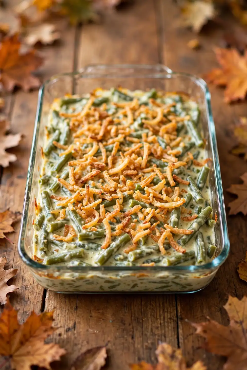 Green bean casserole with crispy fried onion topping