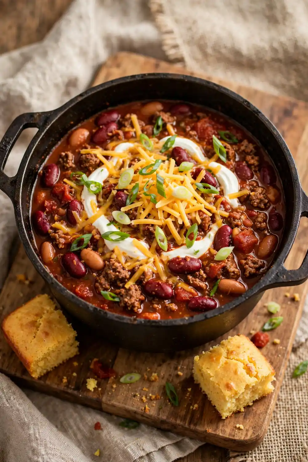 Hearty beef chili with beans topped with cheese and sour cream