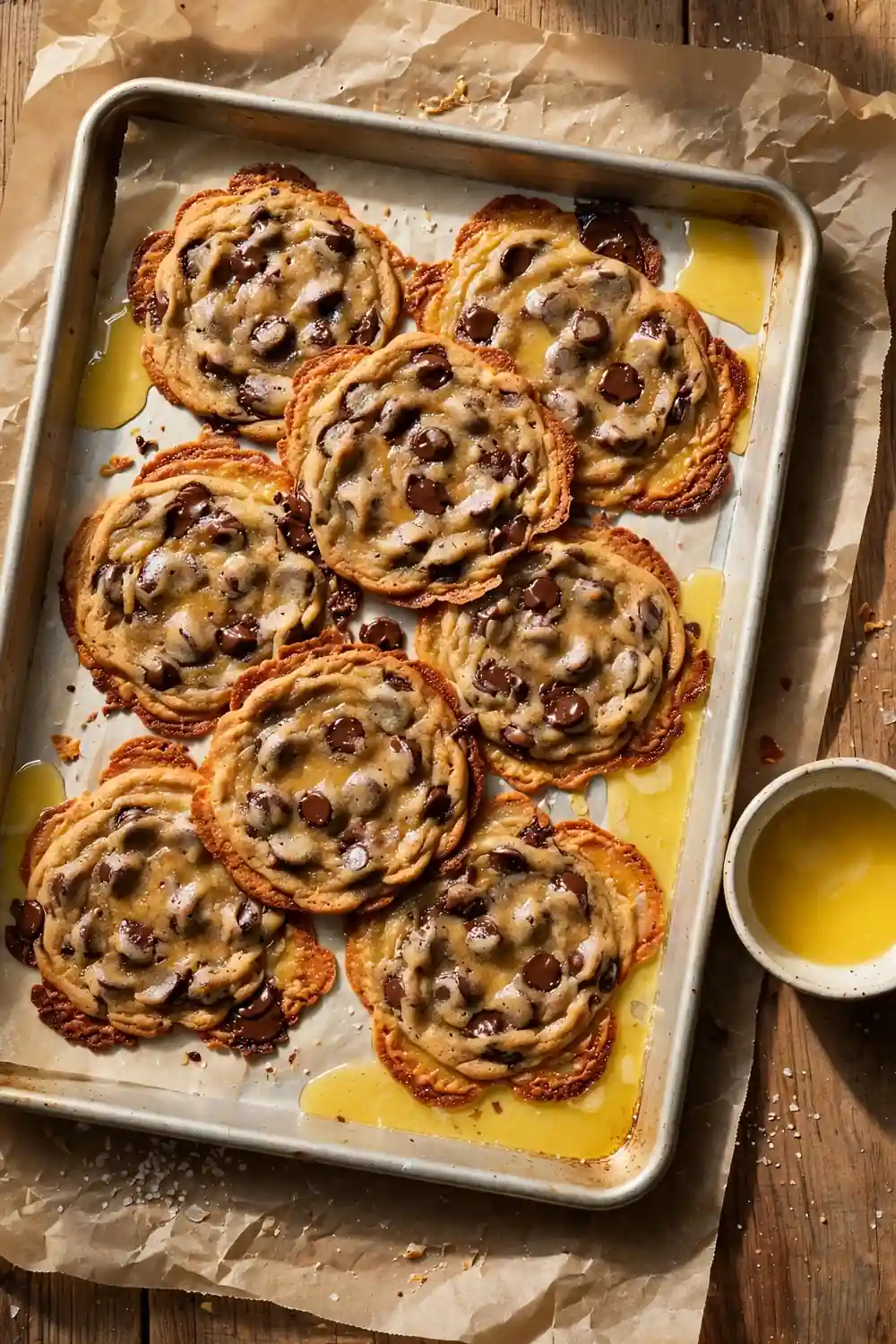 Cookies spread thin and greasy on a baking sheet with melted butter at the edges