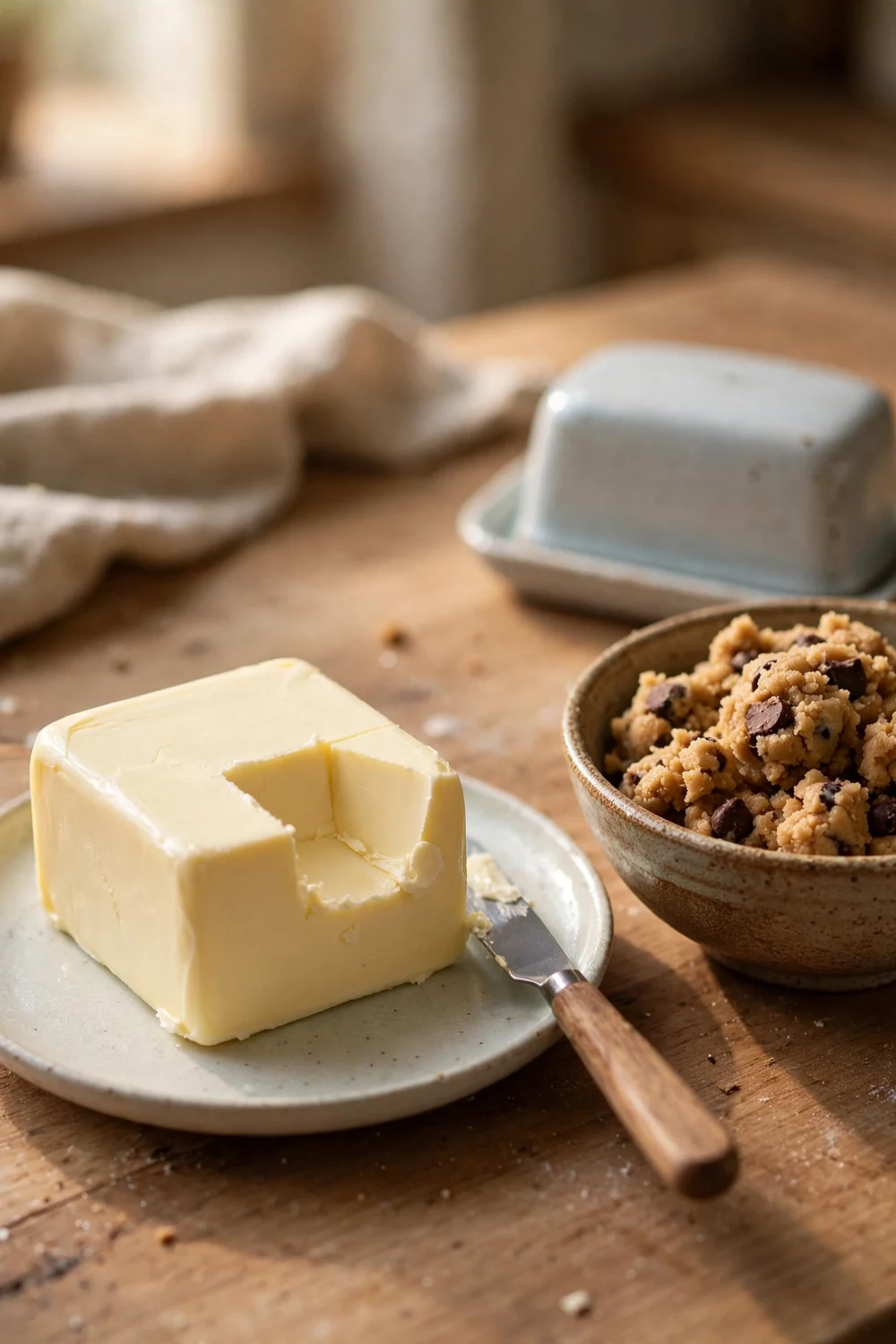 Block of cool soft butter with a knife cut beside cookie dough