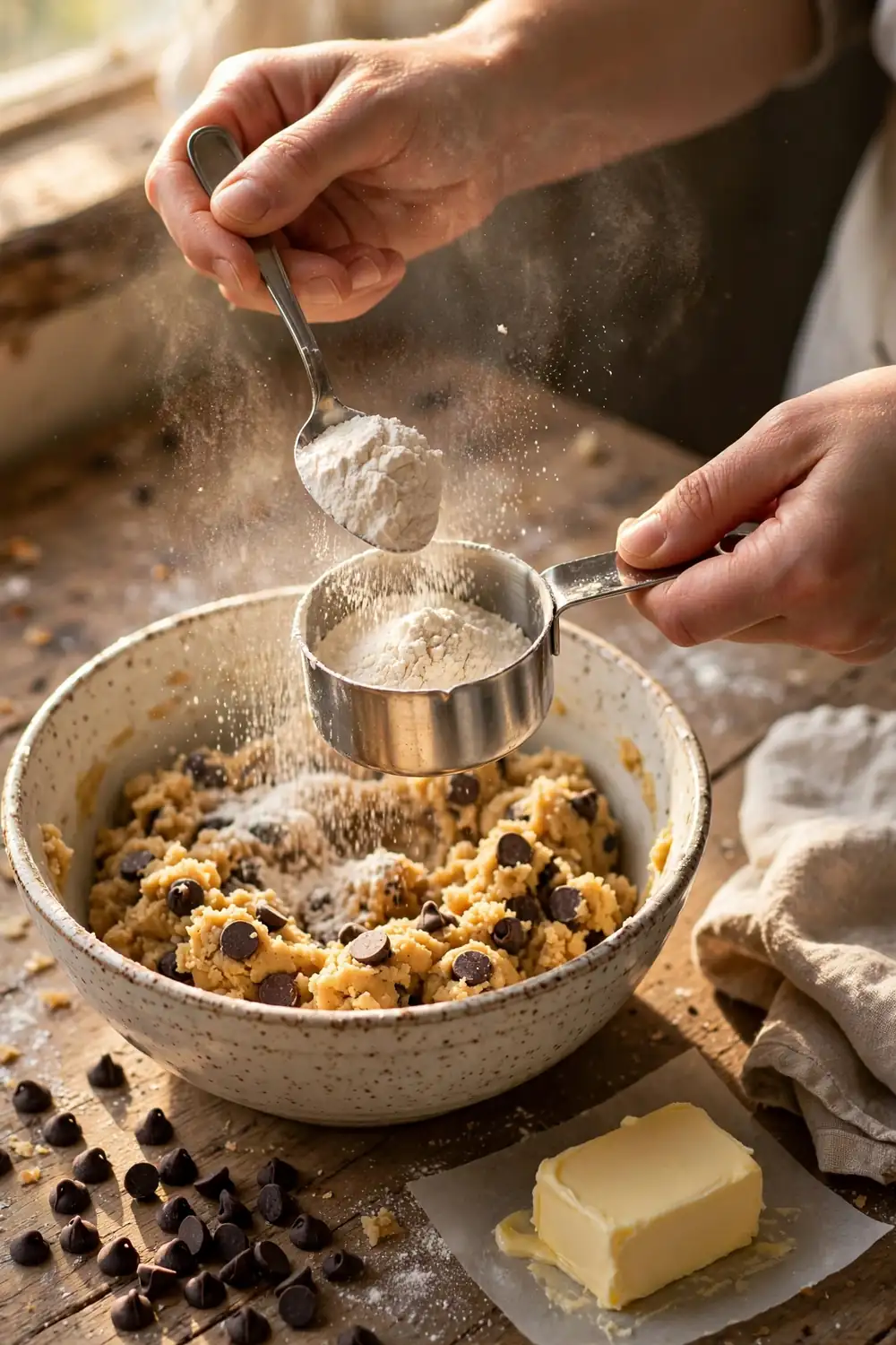 Hands spooning flour into a measuring cup over cookie dough