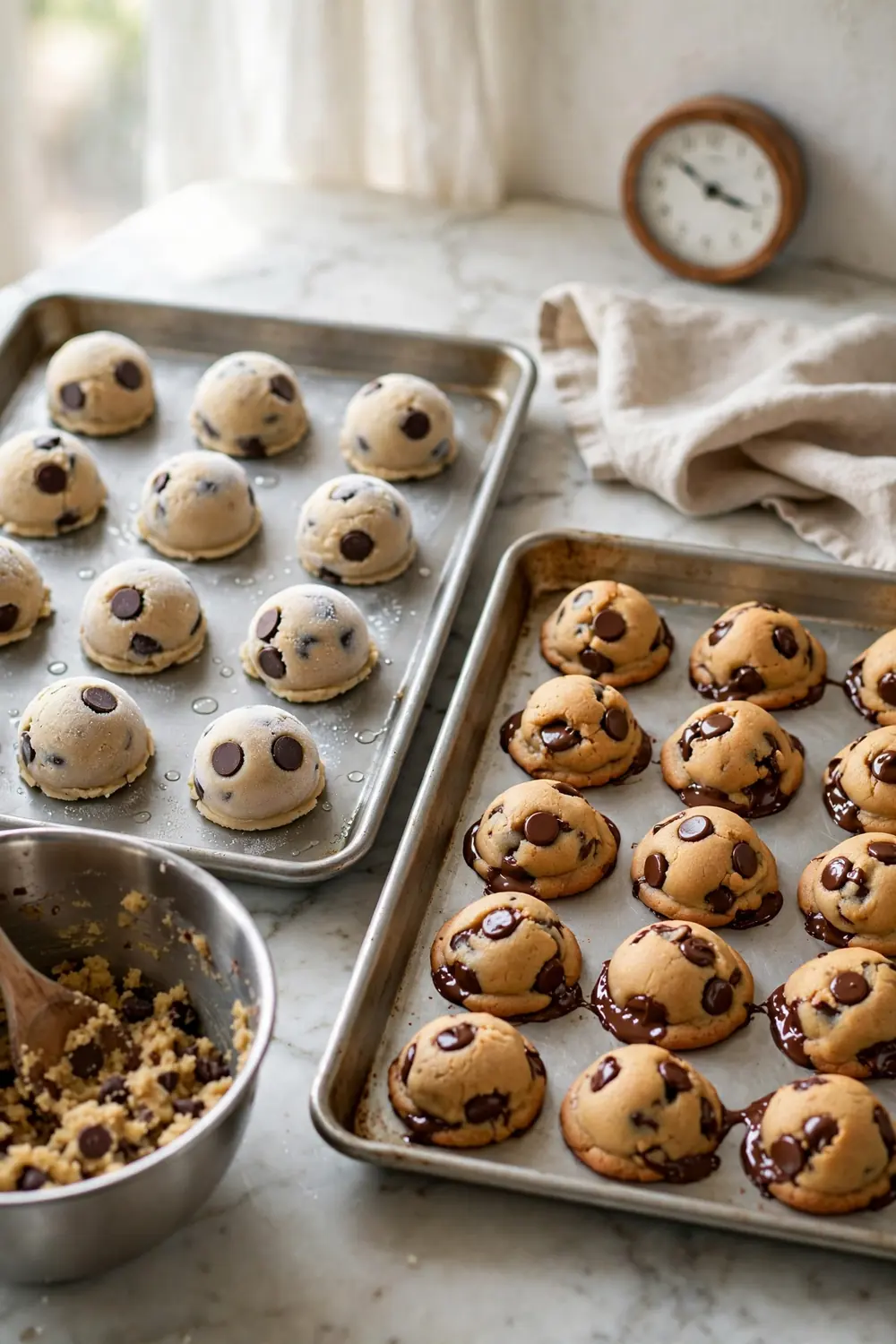 Two trays of cookie dough balls, one chilled and firm, one soft and warm