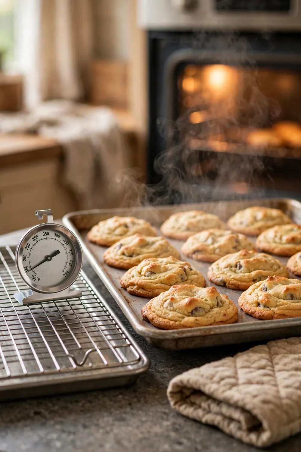 Oven thermometer beside a tray of thick golden cookies