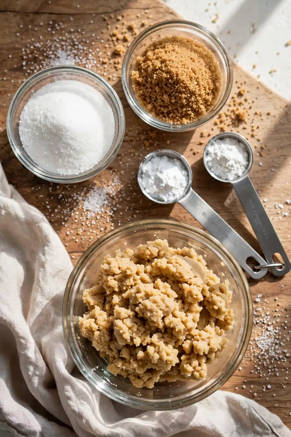Bowls of white and brown sugar with baking soda and powder beside dough