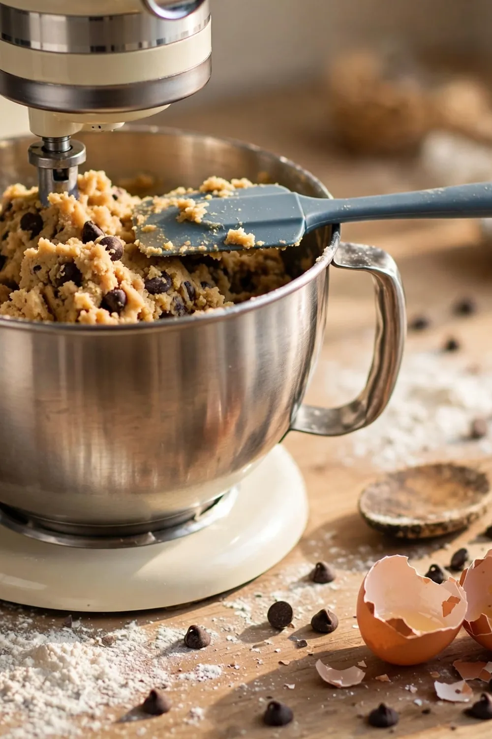 Stand mixer with cookie dough and a spatula resting on the bowl