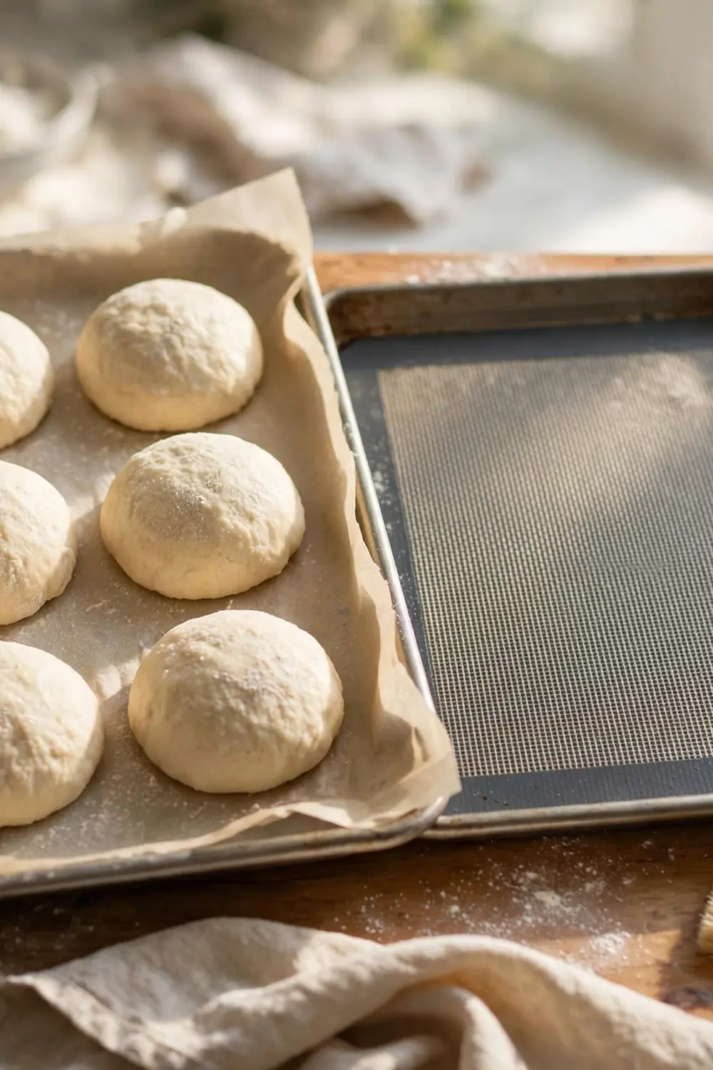 Parchment-lined baking sheet with evenly spaced dough balls