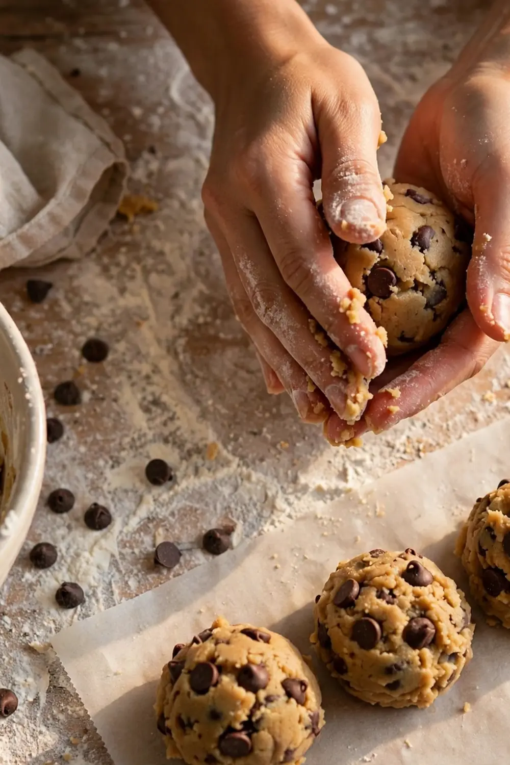 Hands rolling thick balls of cookie dough on a floured surface