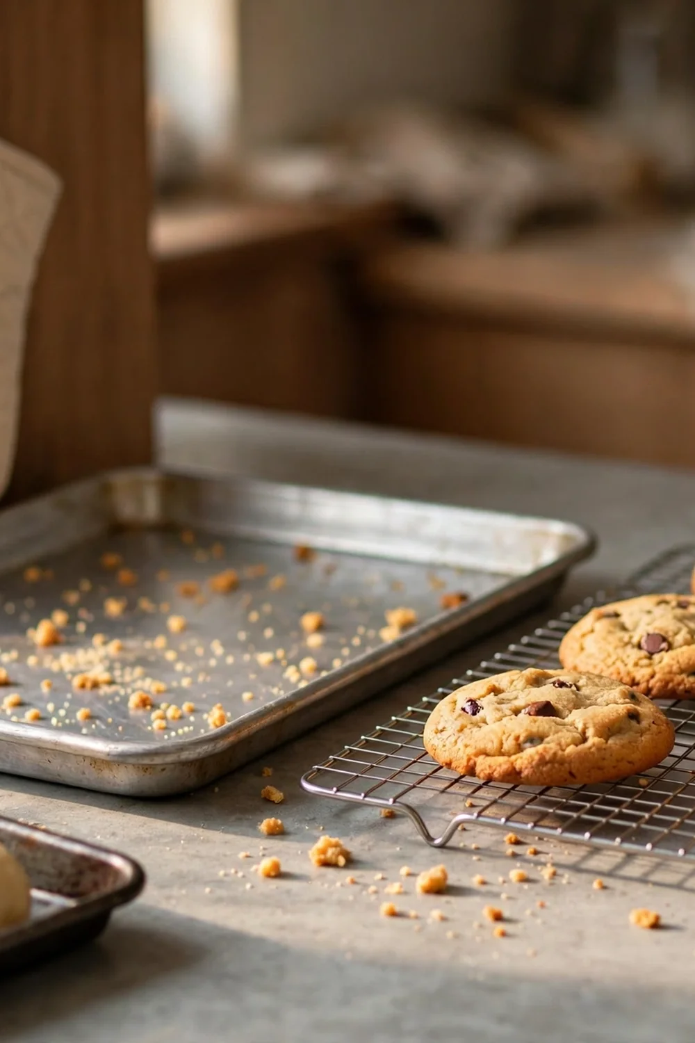 Fresh cookies cooling on a rack beside a warm empty baking sheet