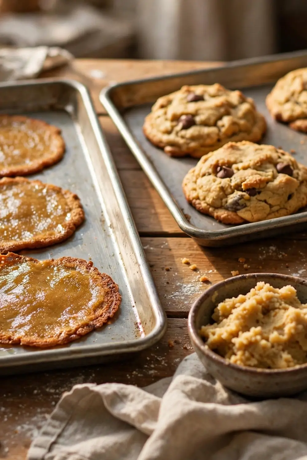 Flat, greasy cookies beside thick golden cookies for comparison