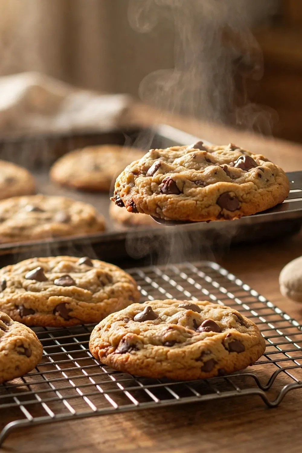 Fresh golden cookies resting on a wire cooling rack