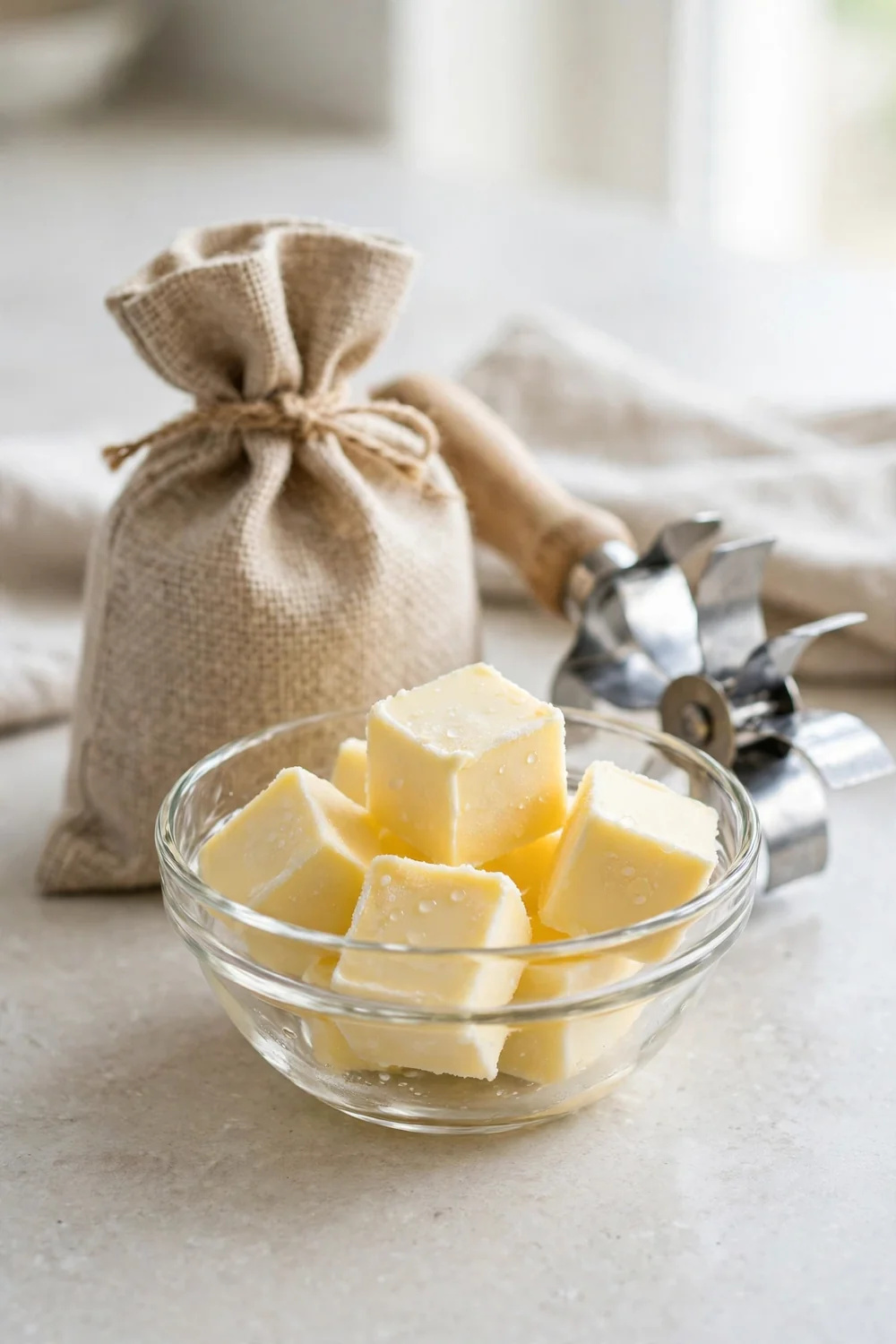 Cold butter cubes in a bowl beside flour on a kitchen counter