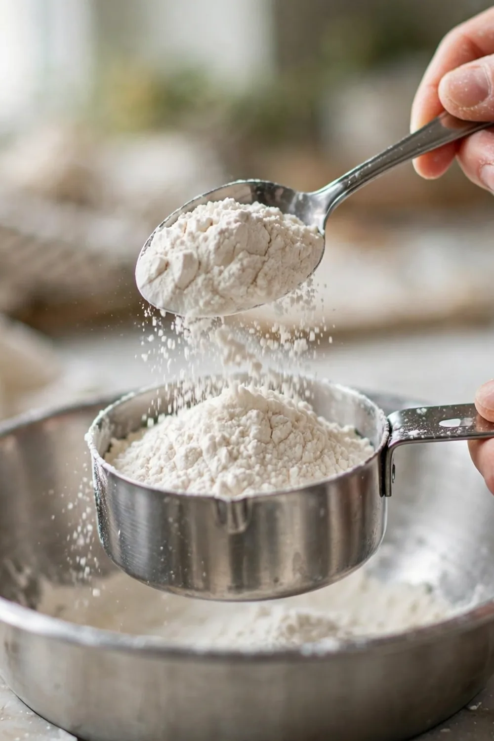 Hands spooning flour into a measuring cup on a kitchen counter