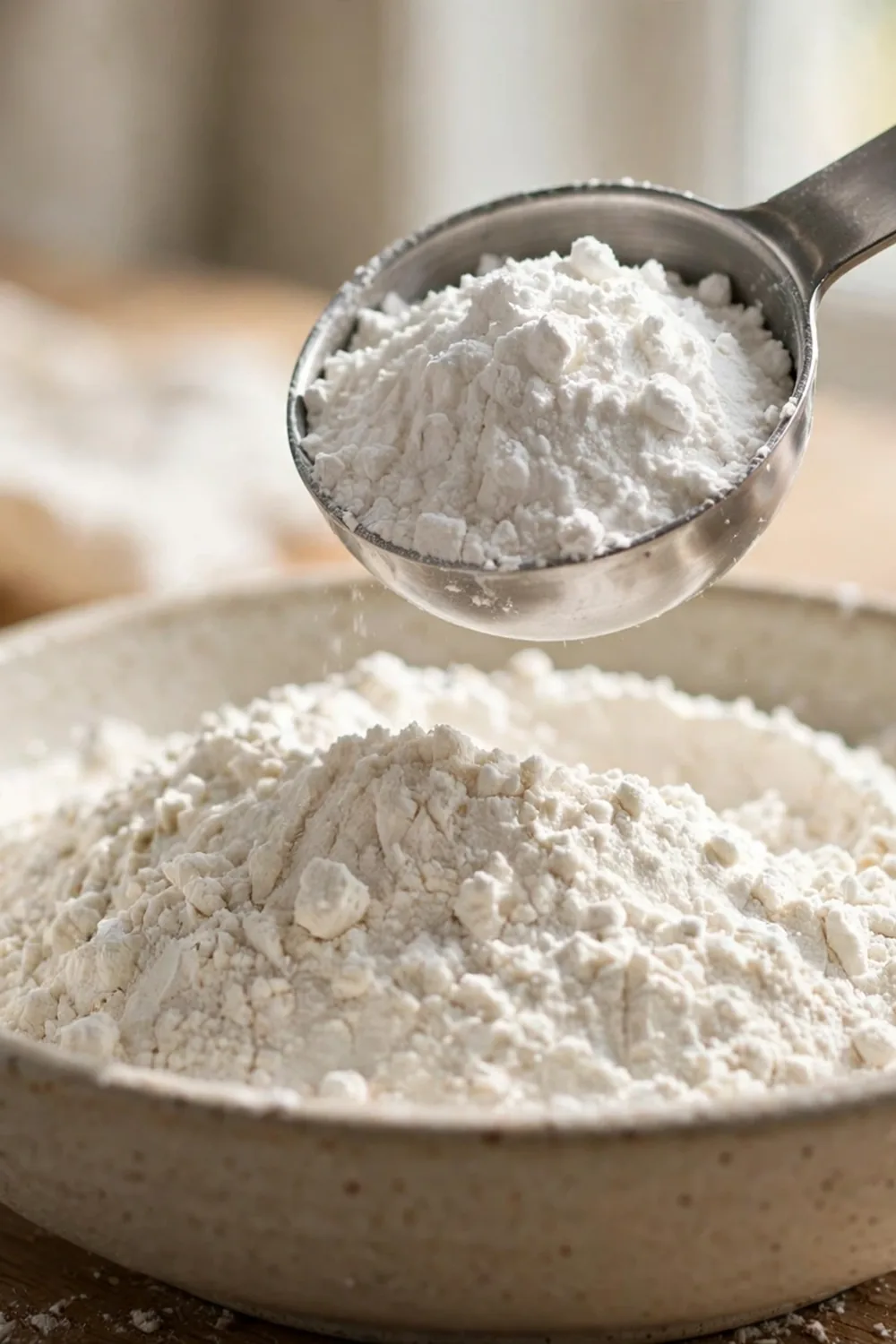 Baking powder being measured with a spoon over a bowl of flour
