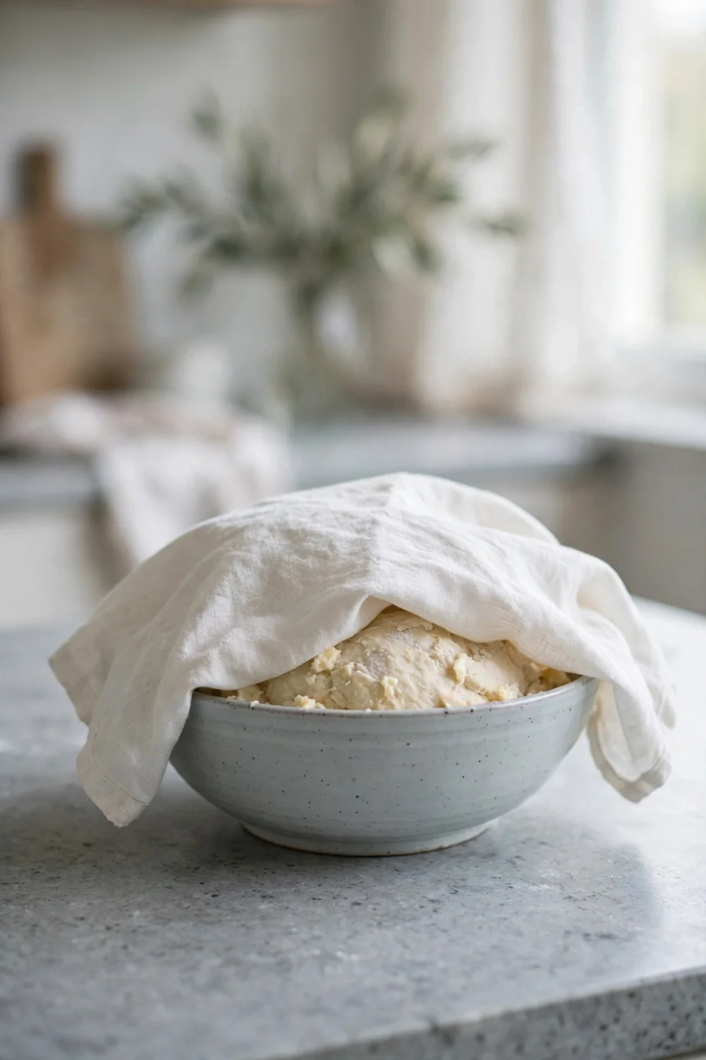 Biscuit dough resting in a bowl covered with a cloth on a cool counter