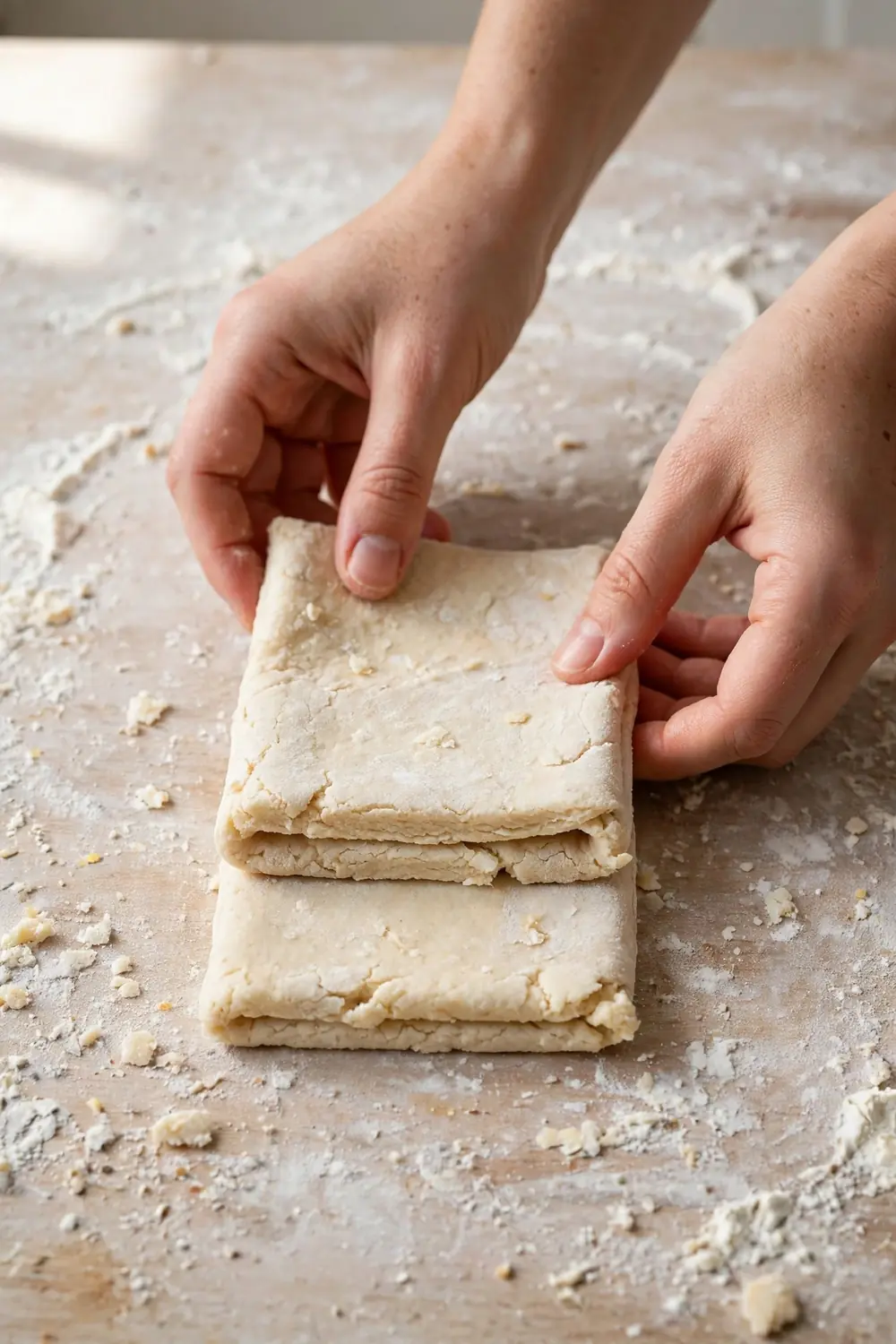 Hands folding biscuit dough into layers on a floured counter
