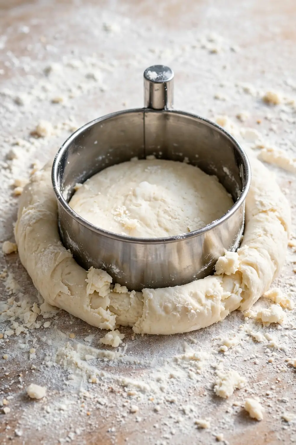 Metal biscuit cutter pressing straight down into thick dough