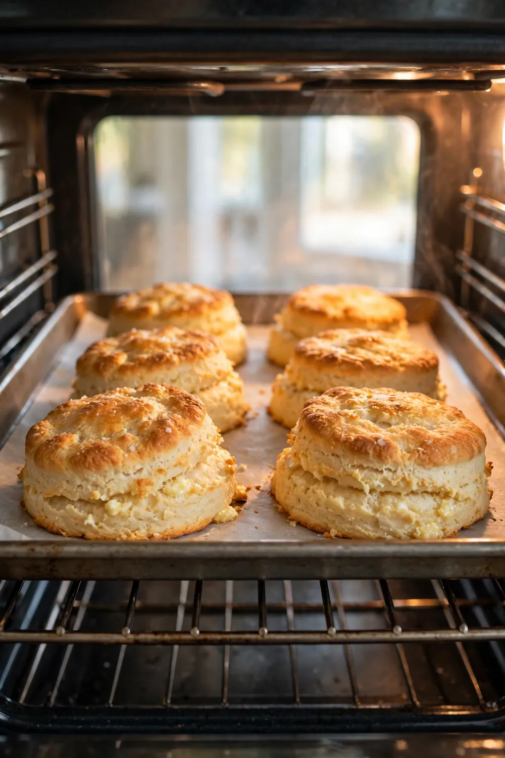 Biscuits baking in a hot oven with golden tops rising